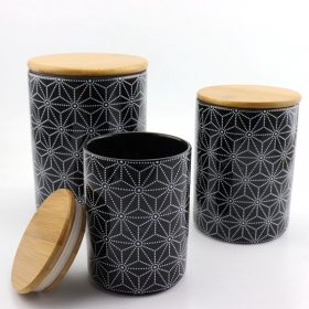 conjunto de recipiente de armazenamento de farinha de cerâmica de 3 cor preta com top de bambu