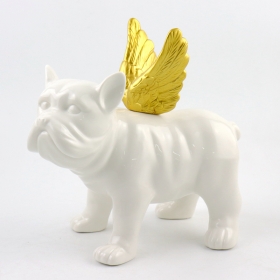 escultura de estatueta de bulldog branco cerâmico com asas de ouro